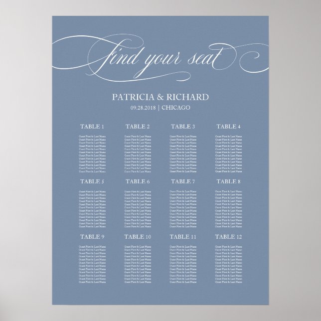 Poster Plano de Assentos de Casamento com 12 Mesas Sinal  (Frente)