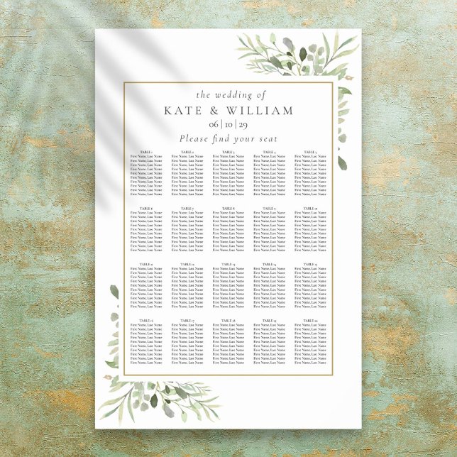 Poster Plano de Assentos de Casamento com Folhagem Modern (Modern Greenery Wedding Seating Plan Chart)