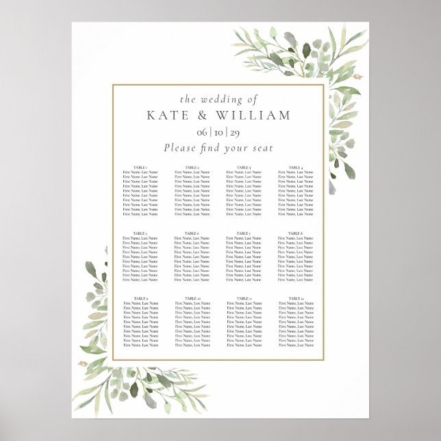 Poster Plano de Assentos de Casamento de Verde Elegante (Frente)