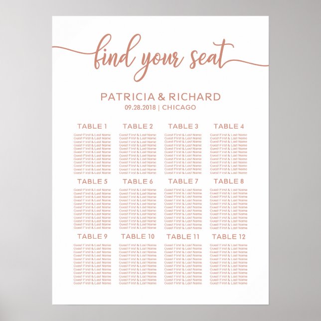 Poster Plano de Assentos de Casamento em Rose Gold com Ca (Frente)