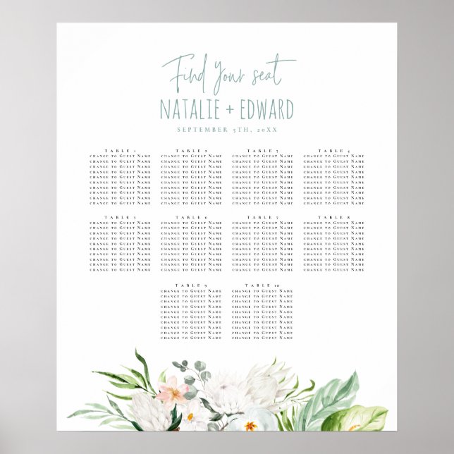 Poster Plano de assentos de casamento floral tropical em  (Frente)