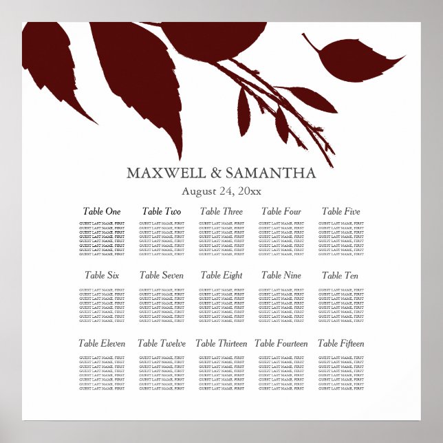 Poster Plano de Assentos de Casamento Folhas Burgundy Ele (Frente)