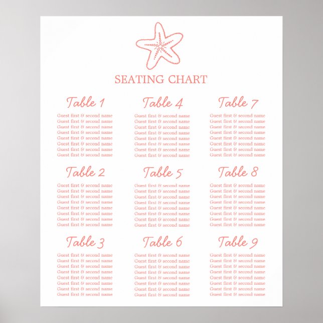 Poster Plano de assentos de casamento no mar com estrelas (Frente)