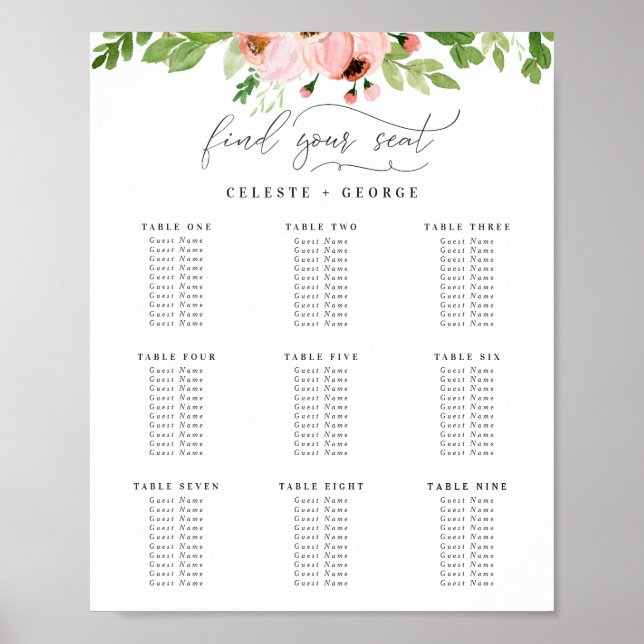 Poster Plano de assentos florais de cor verde-aquática e  (Frente)