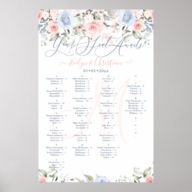 Poster Plano de Assentos Monograma com Rosas em Blush e A (Frente)