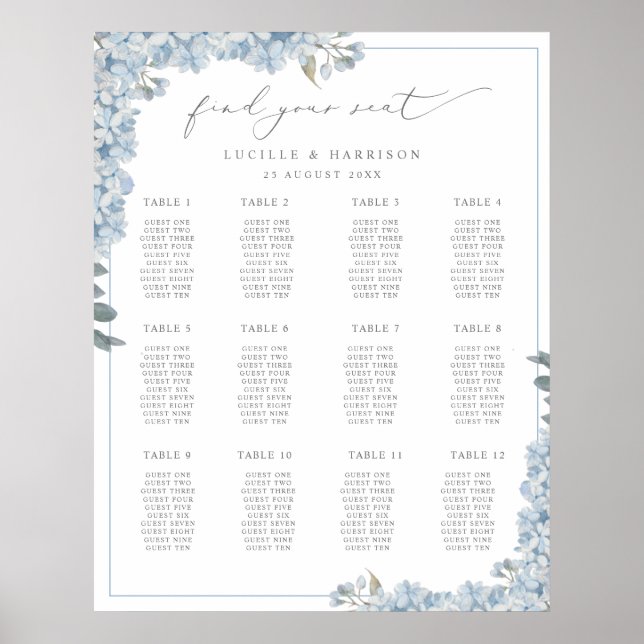 Poster Plano de Casamento de Hydrangeas Azuis Elegante (Frente)