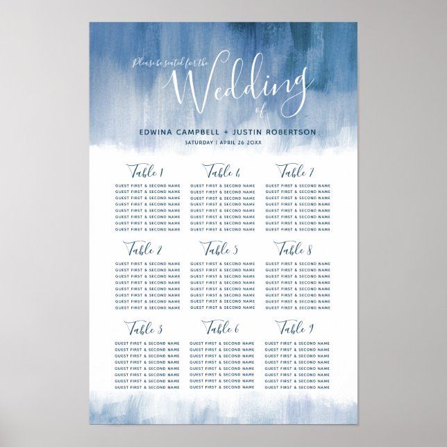 Poster Plano de mesa abstrato cinza azul de casamento (Frente)