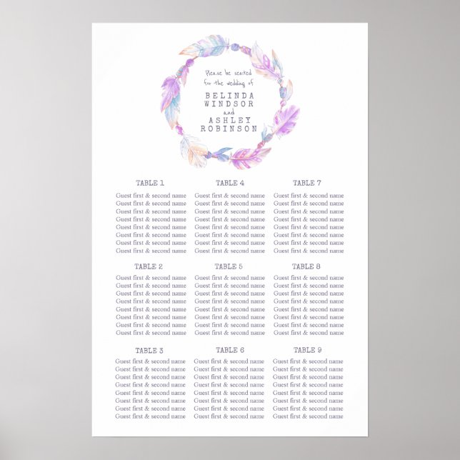 Poster Plano de mesa de casamento aquarela com pena roxa (Frente)