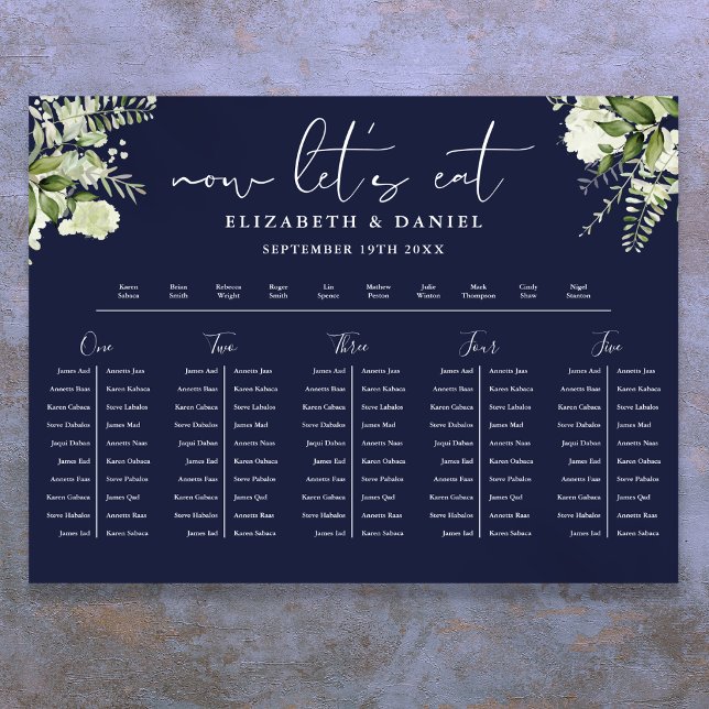 Poster Plano de Mesa de Casamento com Flores em Azul Mari (Navy Blue Floral Wedding Table Plan Seating Chart)