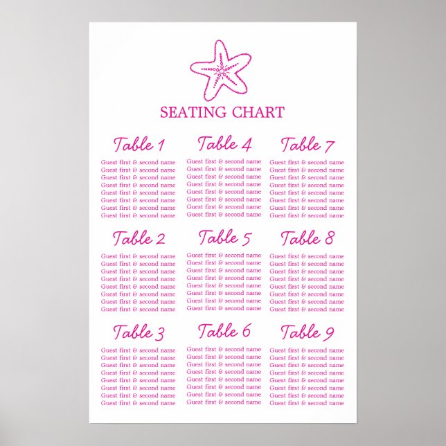 Poster Plano de mesa de casamento estrela-do-mar rosa 9 (Frente)