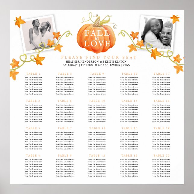 Poster Plano de mesas de casamento abóbora 20 apaixonar-s (Frente)