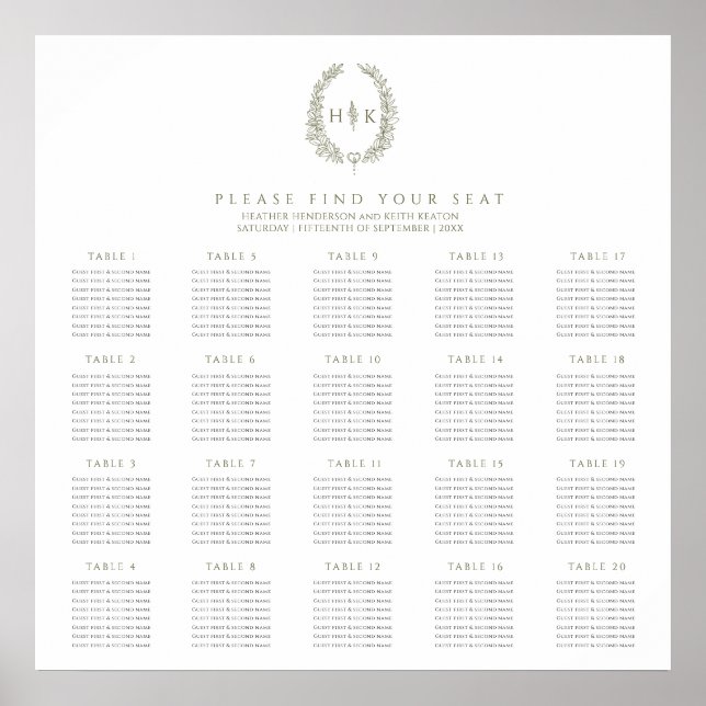 Poster Plano de mesas de casamento oval verde oliva branc (Frente)