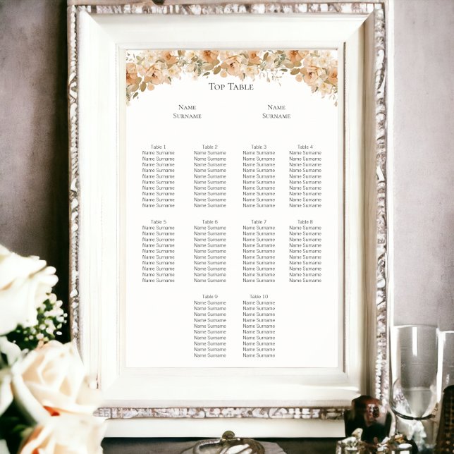 Poster Plano Verde Elegante de Casamento de Flor de Pêsse (Elegant Green Peach Flower Wedding Seating Plan Poster from Ricaso (frame not included))