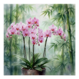 Pôster Planta de Orquídea Rosa em Fundo de Bambu