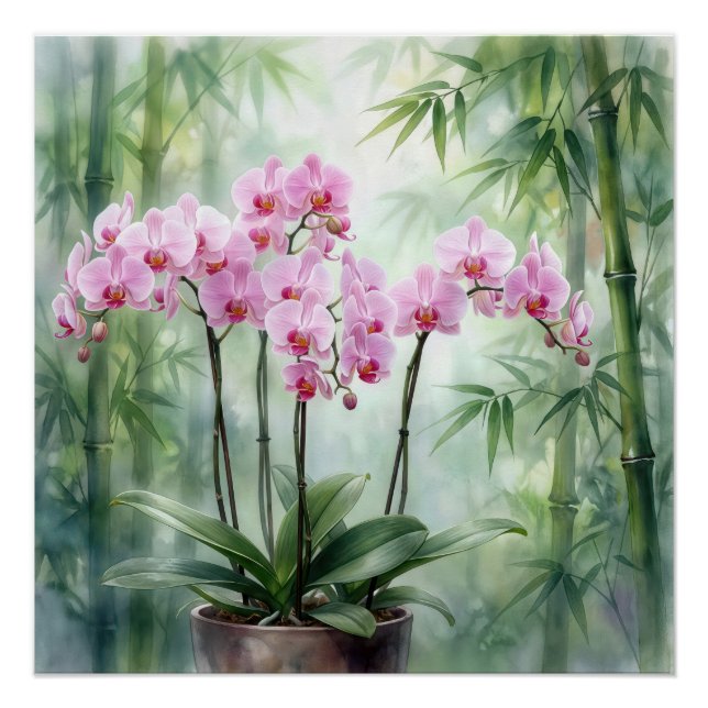 Pôster Planta de Orquídea Rosa em Fundo de Bambu (Frente)