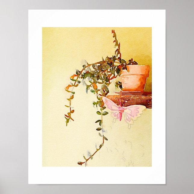 Poster Planta em vaso com aquarela e borboleta (Frente)