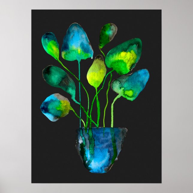 Poster Plantas aquáticas de arte verde e abstrato azul (Frente)