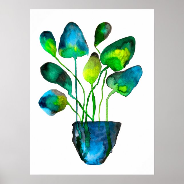 Poster Plantas aquáticas de arte verde e abstrato azul (Frente)