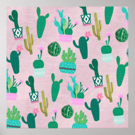 Poster Plantas Cactos Cactáceas do Sudoeste Rústico Rosa