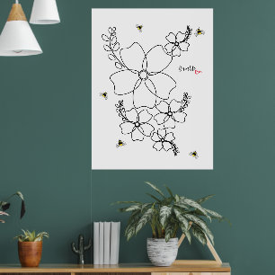 Poster Plantas coloridas e design de aquarela de abelha