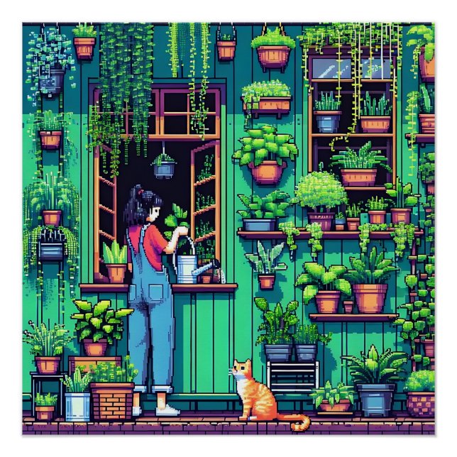 Pôster Plantas de Arte e Gato de Pixel Personalizadas (Frente)