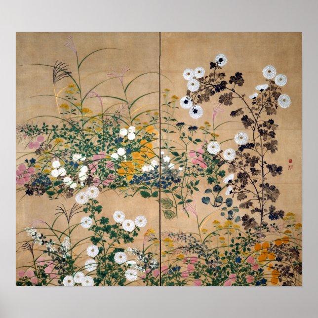 Poster Plantas de flores de Ogata Korin no outono (Frente)