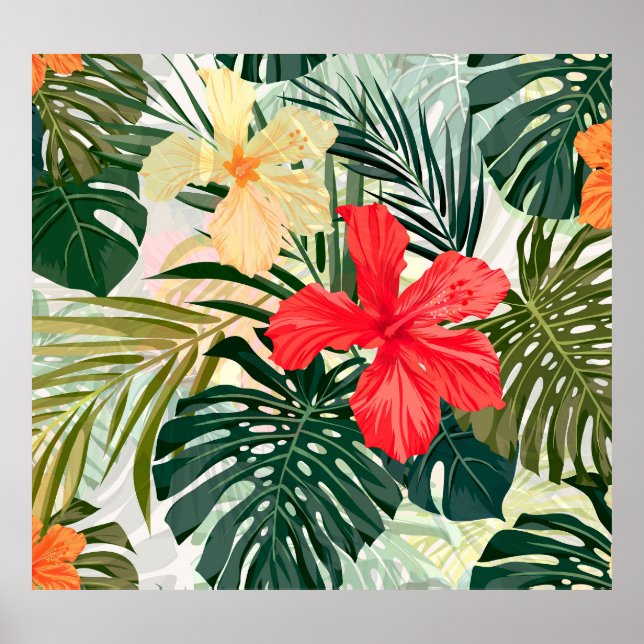 Poster Plantas tropicais havaianas, flores coloridas. (Frente)