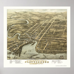 Poster Plattsburgh, mapa panorâmico de NY - 1877