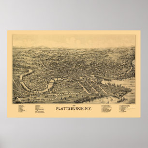 Pôster Plattsburgh, mapa panorâmico de NY - 1899
