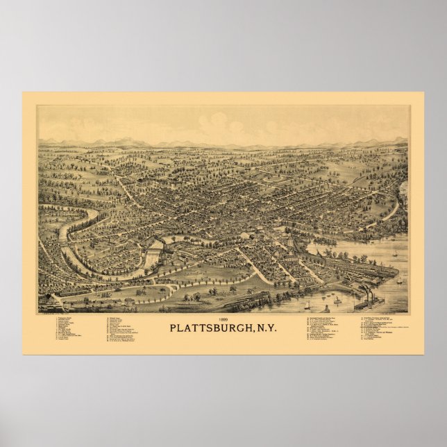 Pôster Plattsburgh, Novo Mapa Panorâmico - 1899 (Frente)