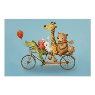 Pôster Playful Animal Friends on Bike Illustration Poster