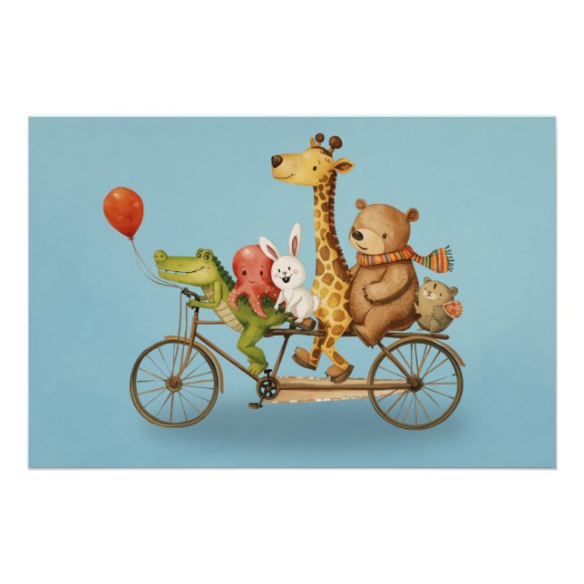 Pôster Playful Animal Friends on Bike Illustration Poster (Frente)