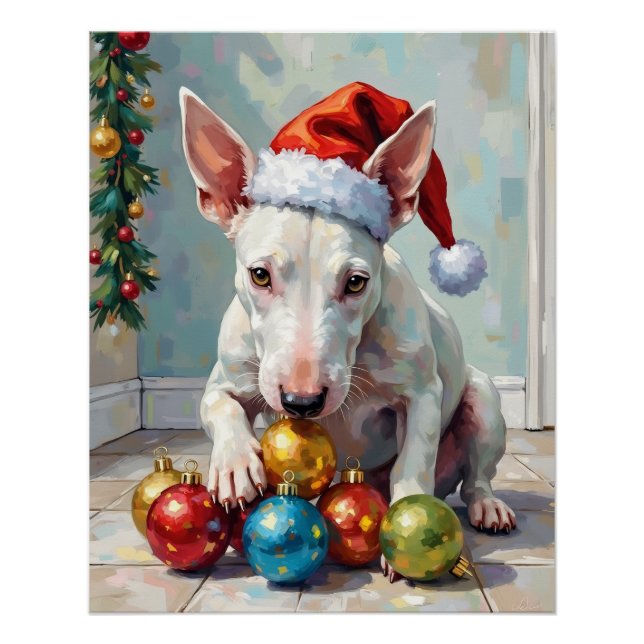Pôster Playful Bull Terrier Dog Guarding Christmas (Frente)