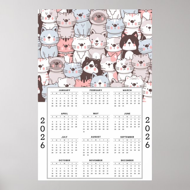 Poster Playful Cartoon Cat Pattern with 2026 Calendar (Frente)