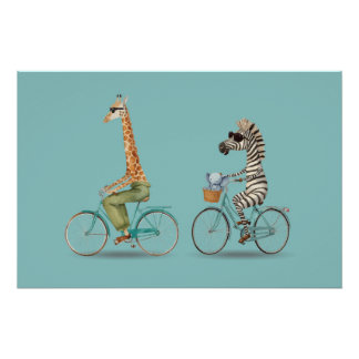 Pôster Playful Giraffe and Zebra Cycling Poster