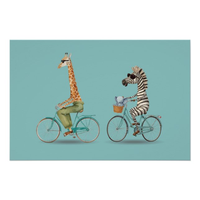 Pôster Playful Giraffe and Zebra Cycling Poster (Frente)