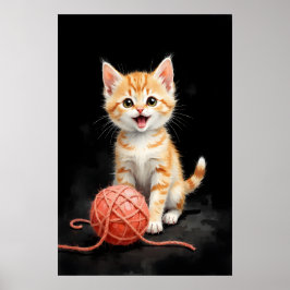 Poster Playful Kitten Cat with Yarn Watercolor Print