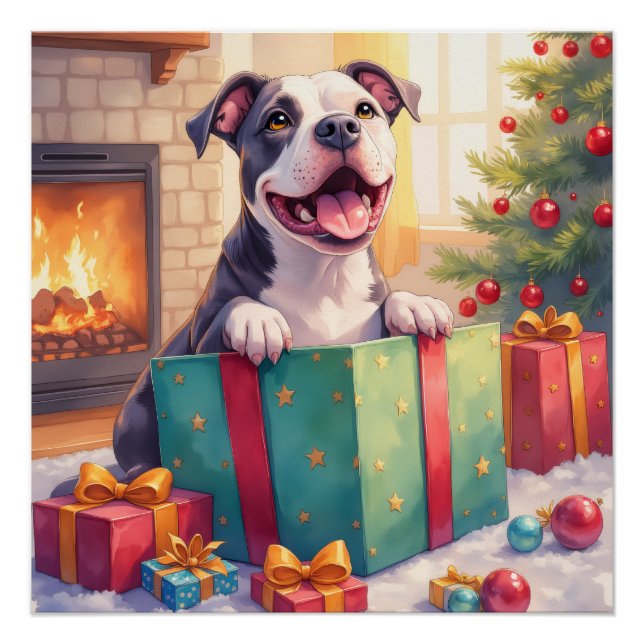 Pôster Playful Pitbull Opening Christmas Gifts Holiday (Frente)