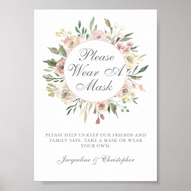 Poster Please Wear a Mask Floral Pink Elegant Wedding (Frente)