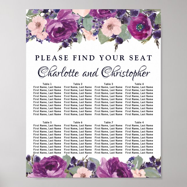 Poster Plum Blush Floral 8 Mesas - Gráfico de Assentos de (Frente)