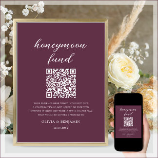 Poster Plum Honeymoon Fund Código QR Sinal de Casamento