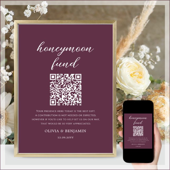 Poster Plum Honeymoon Fund Código QR Sinal de Casamento (Criador carregado)