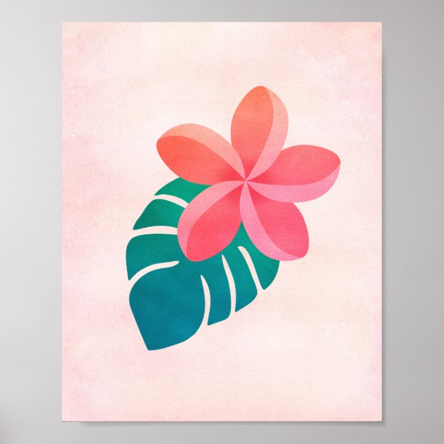 Poster Plumeria Floral Tropical Folhas Aquarelas Arte (Frente)