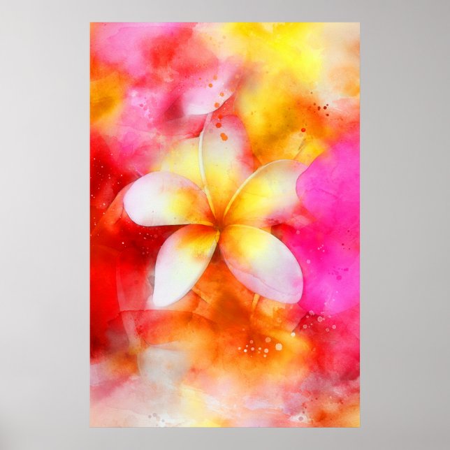 Poster Plumeria Havaiana em Neon Pink, Yellow e White (Frente)