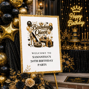 Poster Po de Bem-nascida Rainha de Aniversário Preto Dour