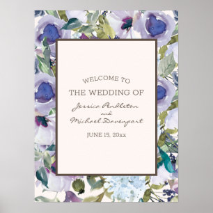 Poster Pó de Lilás Elegante Azul Floral Casamento Bem-vin