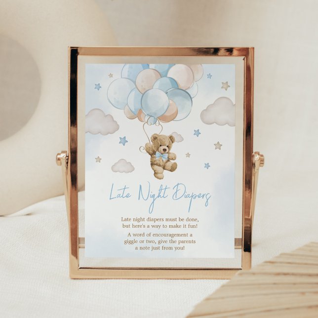 Poster Podemos Bater No Balão Do Urso Tarde Fraldas Notur (Teddy Bear Balloon Baby Shower Late Night Diapers Sign)