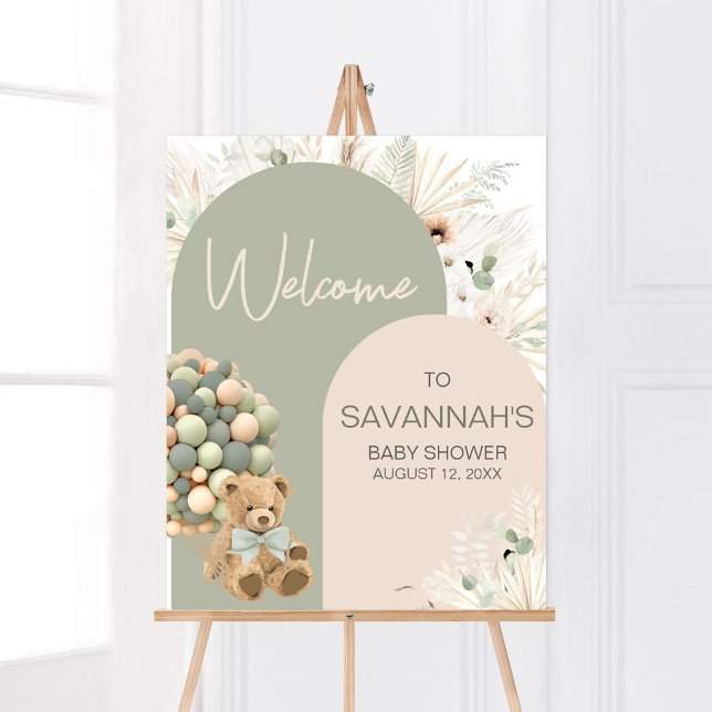 Poster Podemos Esperar Chá de fraldas Verde Bem-vindo (Green Boho Teddy Bear Baby Shower Welcome Sign)