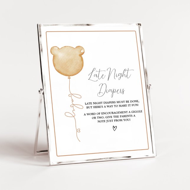 Poster Podemos Esperar Fraldas Noturnas Marrons Tardes (Gender Neutral Minimalist Bear Baby Shower Late Night Diapers Sign)
