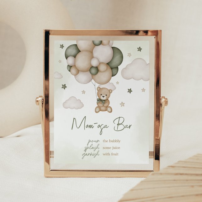 Poster Podemos Esperar Green Boho Mãe Bar Osa (Green Boho Teddy Bear Baby Shower Mom Osa Bar Sign)